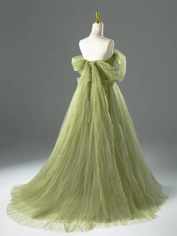 Chic / Beautiful Sage Green Beading Bow Prom Dresses 2026 A-Line / Princess Off-The-Shoulder Short Sleeve Backless Sweep Train Formal Dresses