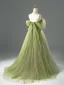 Chic / Beautiful Sage Green Beading Bow Prom Dresses 2026 A-Line / Princess Off-The-Shoulder Short Sleeve Backless Sweep Train Formal Dresses