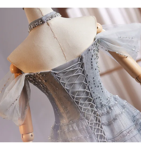 Bling Bling Grey Beading Rhinestone Sequins Prom Dresses 2025 Ball Gown Off-The-Shoulder Sleeveless Backless Floor-Length / Long Formal Dresses