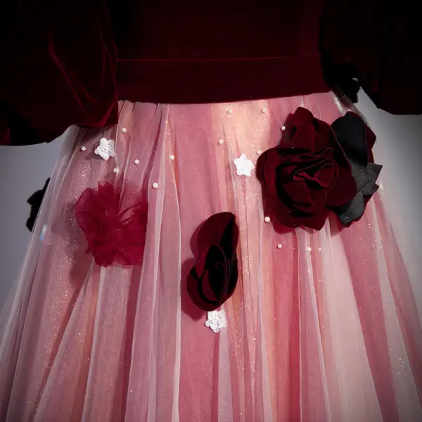 Elegant Burgundy Appliques Prom Dresses 2022 A-Line / Princess Strapless Pearl Sleeveless Backless Floor-Length / Long Prom Formal Dresses
