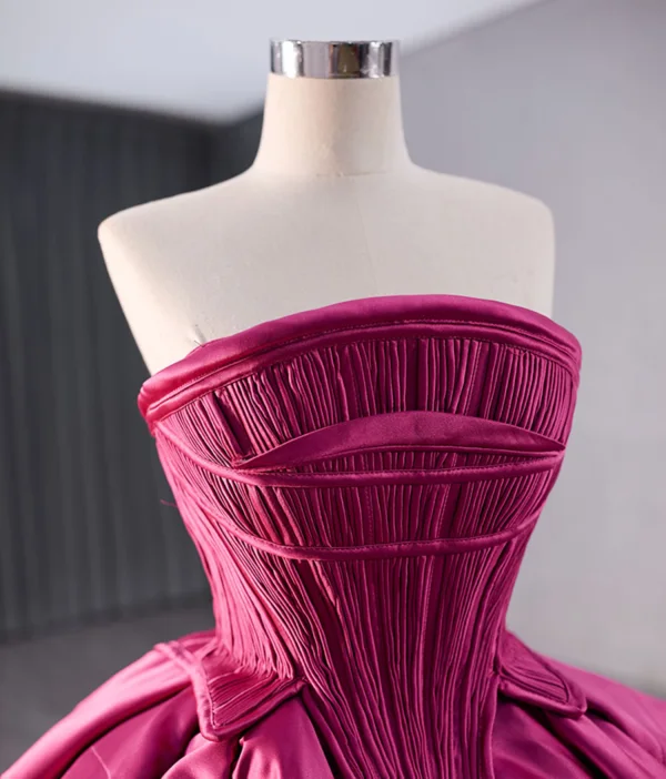 High-end Fuchsia Cascading Ruffles Satin Prom Dresses 2024 Ball Gown Strapless Sleeveless Backless Tea-length Prom Formal Dresses