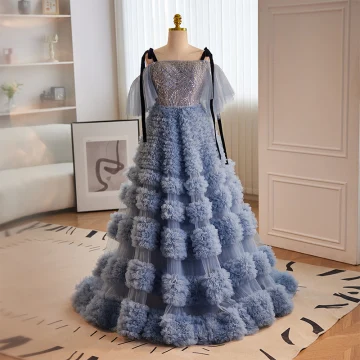 High End Ocean Blue Cascading Ruffles Beading Sequins Prom Dresses 2023 A Line Princess Spaghetti Straps Short Sleeve Backless Sweep Train Formal Dresses