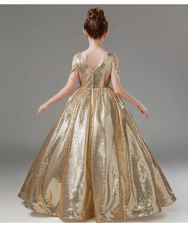 Glitzernden Gold Pailletten Geburtstag Lange Blumenmädchenkleider 2024 Ballkleid Rundhalsausschnitt Kurze Ärmel Rückenfreies