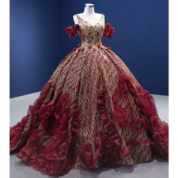 High-end Glitter Burgundy Sequins Appliques Prom Dresses 2022 Ball Gown V-Neck Short Sleeve Backless Court Train Formal Dresses