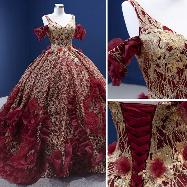 High-end Glitter Burgundy Sequins Appliques Prom Dresses 2022 Ball Gown V-Neck Short Sleeve Backless Court Train Formal Dresses
