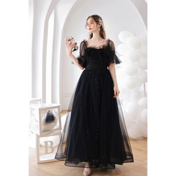 Charming Black Feather Beading Sequins Prom Dresses 2022 A-Line Princess Square Neckline Charming Black Feather Beading Sequins Prom Dresses 2022 A-Line Princess Square Neckline