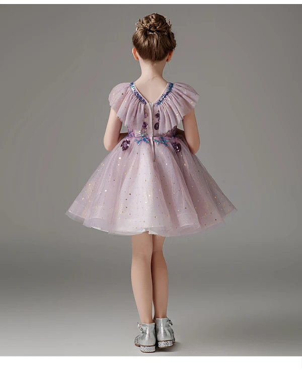 Fashion Lavender Short Sequins Birthday Flower Girl Dresses 2023 V-Neck Short Sleeve Backless Zipper Up