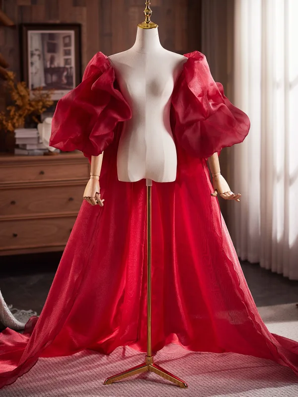 Fashion Burgundy Handmade Ruffle Short Sleeve Tulle Prom Shawls 2025