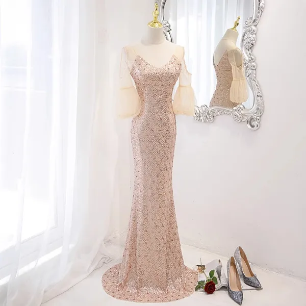 Sparkly White Sequins Evening Dresses 2023 Trumpet / Mermaid V-Neck Short Sleeve Backless Floor-Length / Long Evening Party Formal Dresses