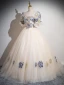 Elegant Champagne Printing Prom Dresses 2024 A-Line / Princess Square Neckline Puffy Short Sleeve Backless Floor-Length / Long Prom Formal Dresses
