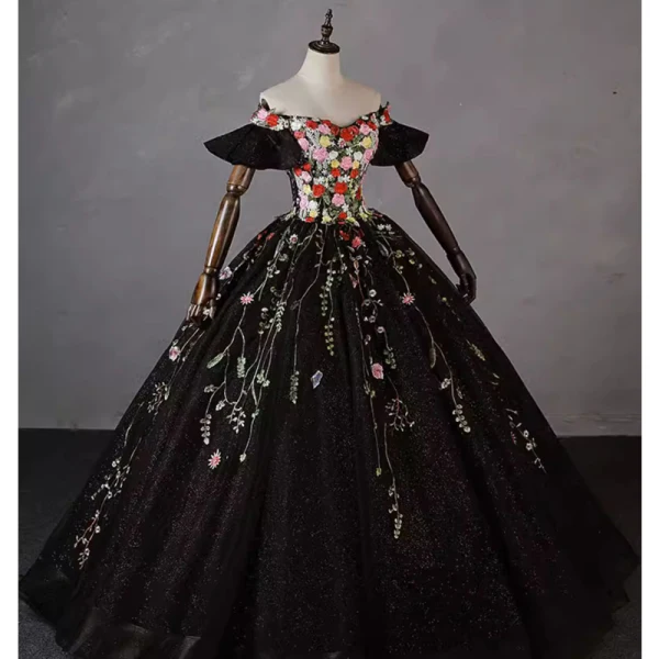 Flower Fairy Black Lace Flower Prom Dresses 2023 Ball Gown Off-The-Shoulder Short Sleeve Backless Floor-Length / Long Formal Dresses
