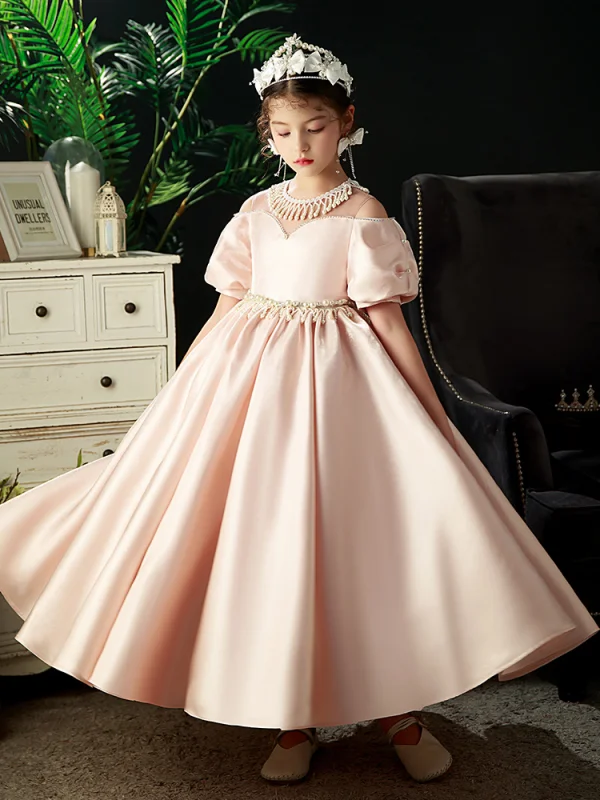 Chic / Beautiful Blushing Pink Pearl Tassel Rhinestone Birthday Flower Girl Dresses 2022 Satin Ball Gown Scoop Neck Short Sleeve Floor-Length / Long Flower Girl Dresses