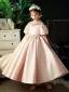 Chic / Beautiful Blushing Pink Pearl Tassel Rhinestone Birthday Flower Girl Dresses 2022 Satin Ball Gown Scoop Neck Short Sleeve Floor-Length / Long Flower Girl Dresses
