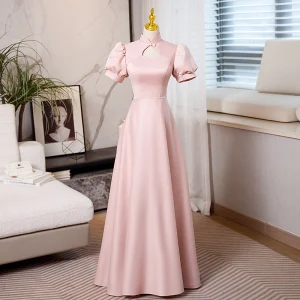 Élégant Rougissant Rose Perle Faux Diamant Robe De Soirée 2023 Princesse Col Haut Gonflée Manches Courtes Dos Nu Longue Soirée Robe De Ceremonie
