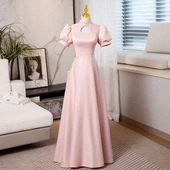 Elegante Blozen Roze Parel Rhinestone Avondjurken 2023 A Lijn Hoge Kraag Gezwollen Korte Mouwen Ruglooze Lange Avond Gelegenheid Jurken