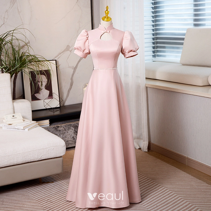 Elegant Blushing Pink Pearl Rhinestone Evening Dresses 2023 A-Line /  Princess High Neck Puffy Short Sleeve Backless Floor-Length / Long Evening  Party Formal Dresses
