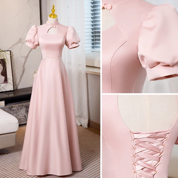 Elegant Blushing Pink Pearl Rhinestone Evening Dresses 2023 A-Line / Princess High Neck Puffy Short Sleeve Backless Floor-Length / Long Evening Party Formal Dresses