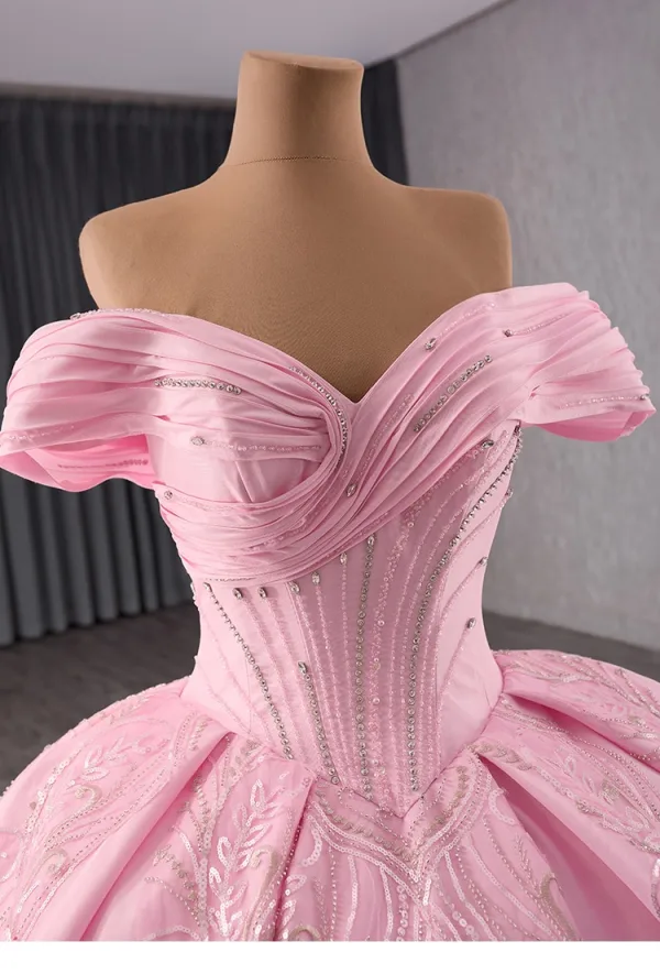 Schön Rosa Handgefertigt Strass Pailletten Brautkleider / Hochzeitskleider 2024 Ballkleid Off Shoulder Kurze Ärmel Rückenfreies Kapelle-Schleppe Hochzeit
