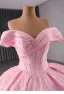 Schön Rosa Handgefertigt Strass Pailletten Brautkleider / Hochzeitskleider 2024 Ballkleid Off Shoulder Kurze Ärmel Rückenfreies Kapelle-Schleppe Hochzeit