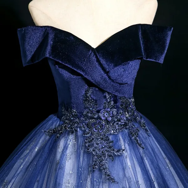 Elegant Ocean Blue Beading Lace Flower Prom Dresses 2025 Ball Gown Off-The-Shoulder Short Sleeve Backless Floor-Length / Long Prom Formal Dresses