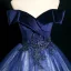 Elegant Ocean Blue Beading Lace Flower Prom Dresses 2025 Ball Gown Off-The-Shoulder Short Sleeve Backless Floor-Length / Long Prom Formal Dresses