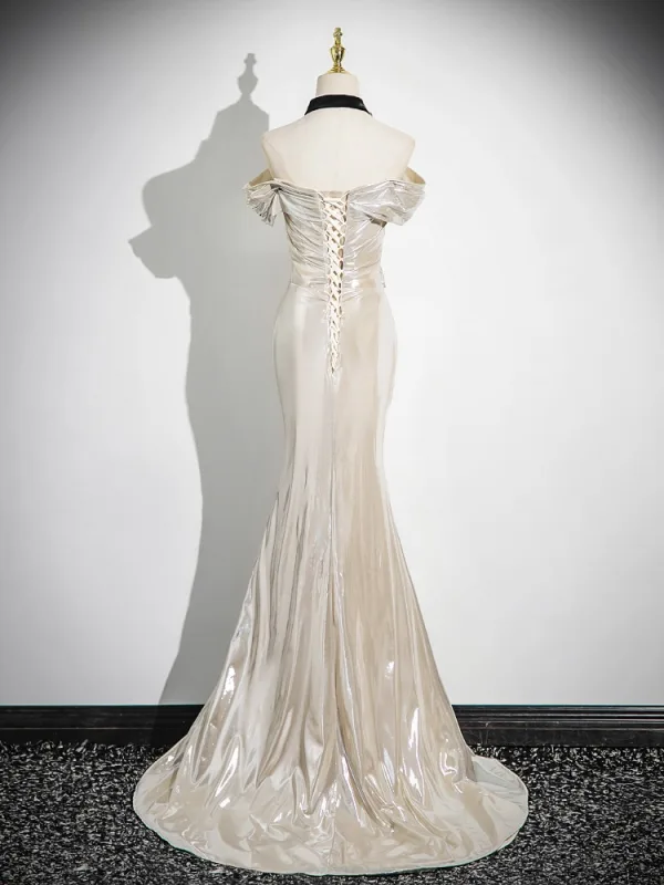 Sexy Champagne Prom Dresses 2024 Trumpet / Mermaid Off-The-Shoulder Short Sleeve Backless Floor-Length / Long Prom Formal Dresses
