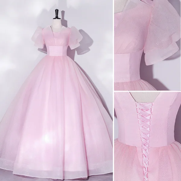 Elegant Blushing Pink Prom Dresses Ball Gown 2022 Scoop Neck Puffy Short Sleeve Backless Floor-Length / Long Prom Formal Dresses