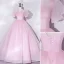 Elegant Blushing Pink Prom Dresses Ball Gown 2022 Scoop Neck Puffy Short Sleeve Backless Floor-Length / Long Prom Formal Dresses