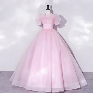 Elegante Blozen Roze Galajurken Baljurk 2022 Ronde Hals Gezwollen Korte Mouwen Ruglooze Lange Gala Gelegenheid Jurken