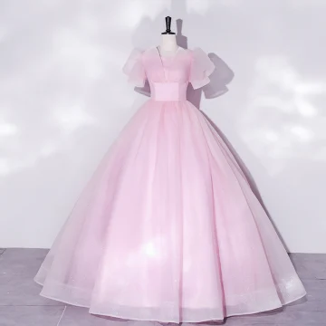 Élégant Rougissant Rose Robe De Bal Robe Boule 2022 Encolure Dégagée Gonflée Manches Courtes Dos Nu Longue Promo Robe De Ceremonie