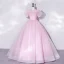 Elegant Blushing Pink Prom Dresses Ball Gown 2022 Scoop Neck Puffy Short Sleeve Backless Floor-Length / Long Prom Formal Dresses