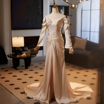 Mode Champagner Meerjungfrau Ballkleider 2025 Off Shoulder Lange Ärmel Rückenfreies Lange Ball Festliche Kleider