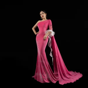 High End Fuchsia Suede Evening Dresses 2023 Trumpet Mermaid One Shoulder Beading Rhinestone 3 4 Sleeve Backless Floor Length Long Evening Party Formal Dresses
