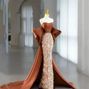 Sexy Karamell Perlenstickerei Pailletten Abendkleider 2024 Meerjungfrau Bandeau Ärmellos Rückenfreies Schleife Hof Schleppe Abend Festliche Kleider