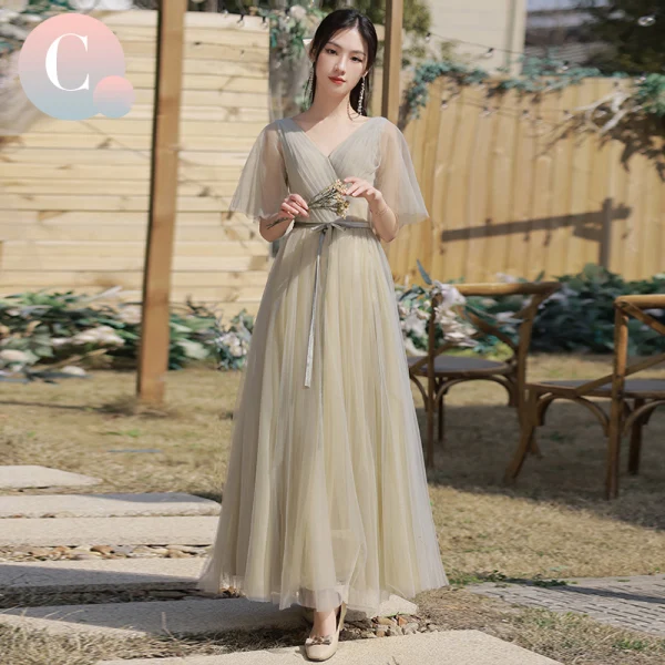 Modest / Simple Sage Green Bridesmaid Dresses 2022 A-Line / Princess Short Sleeve Backless Bow Sash Floor-Length / Long Wedding Party Dresses