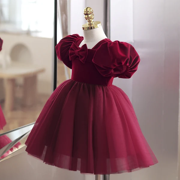 Chic / Beautiful Burgundy Suede Birthday Short Flower Girl Dresses 2022 Ball Gown Square Neckline Puffy Short Sleeve Bow Flower Girl Dresses