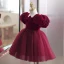 Chic / Beautiful Burgundy Suede Birthday Short Flower Girl Dresses 2022 Ball Gown Square Neckline Puffy Short Sleeve Bow Flower Girl Dresses