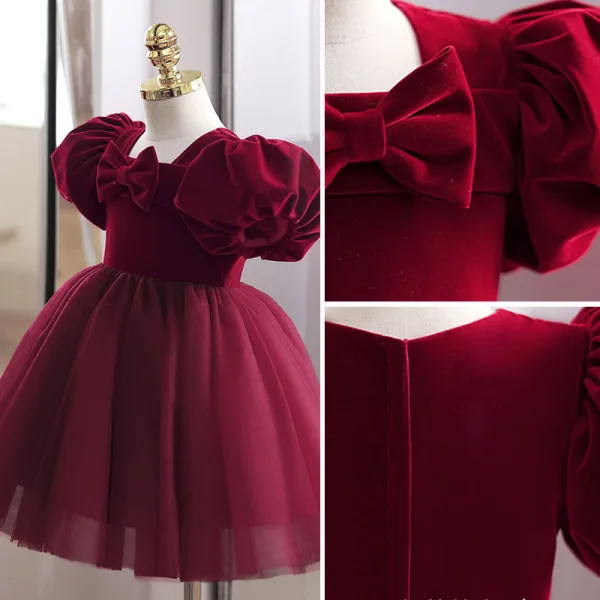Chic / Beautiful Burgundy Suede Birthday Short Flower Girl Dresses 2022 Ball Gown Square Neckline Puffy Short Sleeve Bow Flower Girl Dresses