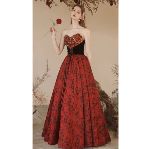 Charming Burgundy Sequins Evening Dresses 2023 A Line Princess Strapless Sleeveless Backless Floor Length Long Prom Formal Dresses