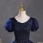Vintage / Retro Navy Blue Beading Sequins Prom Dresses 2023 Ball Gown Scoop Neck Puffy Short Sleeve Backless Floor-Length / Long Prom Formal Dresses