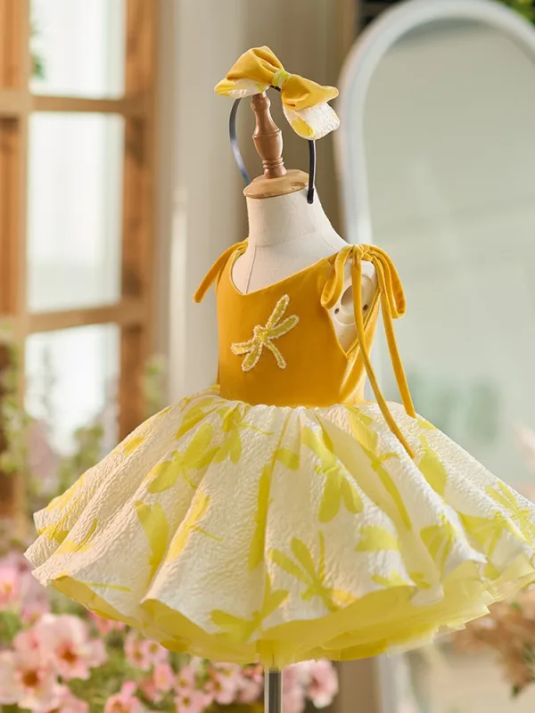 Chic / Beautiful Yellow Short Birthday Flower Girl Dresses 2024 Ball Gown V-Neck Sleeveless Backless