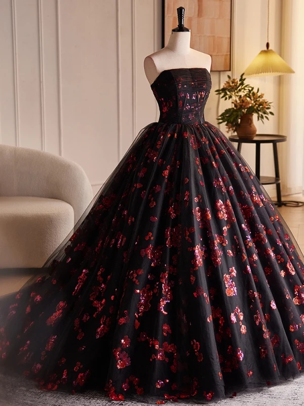 Elegant Burgundy Sequins Flower Prom Dresses 2024 Ball Gown Strapless Sleeveless Backless Floor-Length / Long Prom Formal Dresses