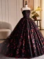 Elegant Burgundy Sequins Flower Prom Dresses 2024 Ball Gown Strapless Sleeveless Backless Floor-Length / Long Prom Formal Dresses