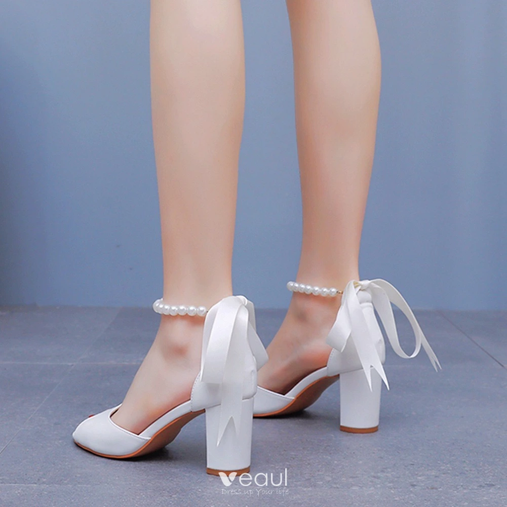 Elegant White Pearl Bow Ankle Strap Wedding Shoes 2024 7 cm