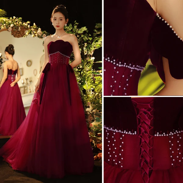 Elegante Burgunderrot Ballkleider 2022 A Linie Perle Bandeau Ärmellos Rückenfreies Schleife Lange Festliche Kleider