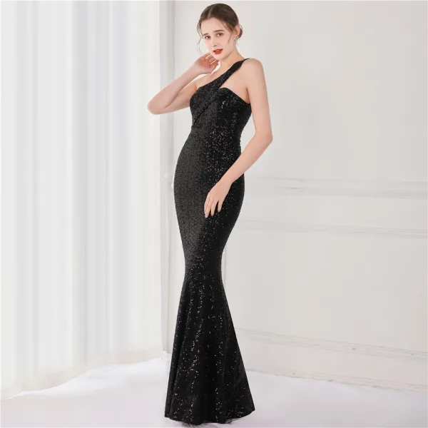 Sparkly Beige Sequins Evening Dresses 2022 A-Line / Princess One-Shoulder Sleeveless Backless Floor-Length / Long Evening Party Formal Dresses