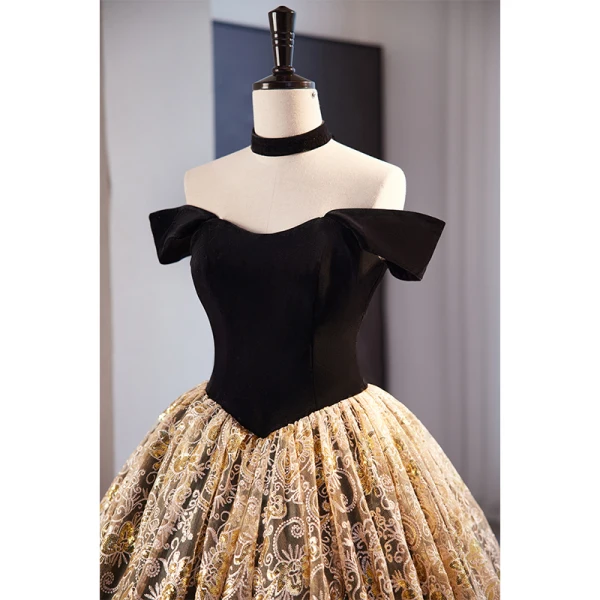 Vintage / Retro Gold Black Printing Prom Dresses 2023 Ball Gown Off-The-Shoulder Corset Short Sleeve Backless Floor-Length / Long Prom Formal Dresses