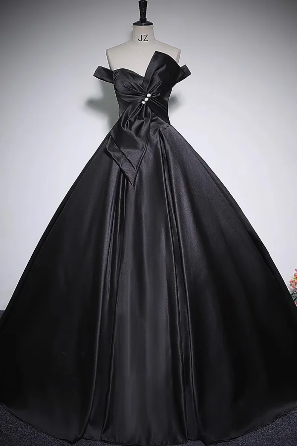 Élégant Noire Satin Robe De Bal 2023 Robe Boule De l'épaule Noeud Sans Manches Dos Nu Longue Promo Robe De Ceremonie