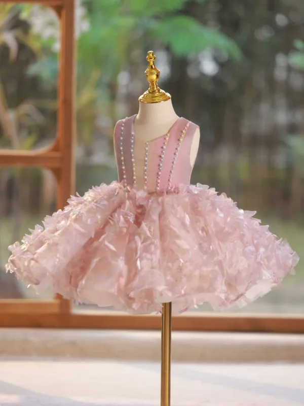 Lovely Blushing Pink Pearl Appliques Short Birthday Flower Girl Dresses 2024 Ball Gown Scoop Neck Sleeveless Backless