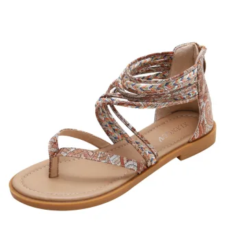Bohemia Ethnic Brown Beach Flat Womens Sandals 2022 Ankle Strap Open Peep Toe Sandals
